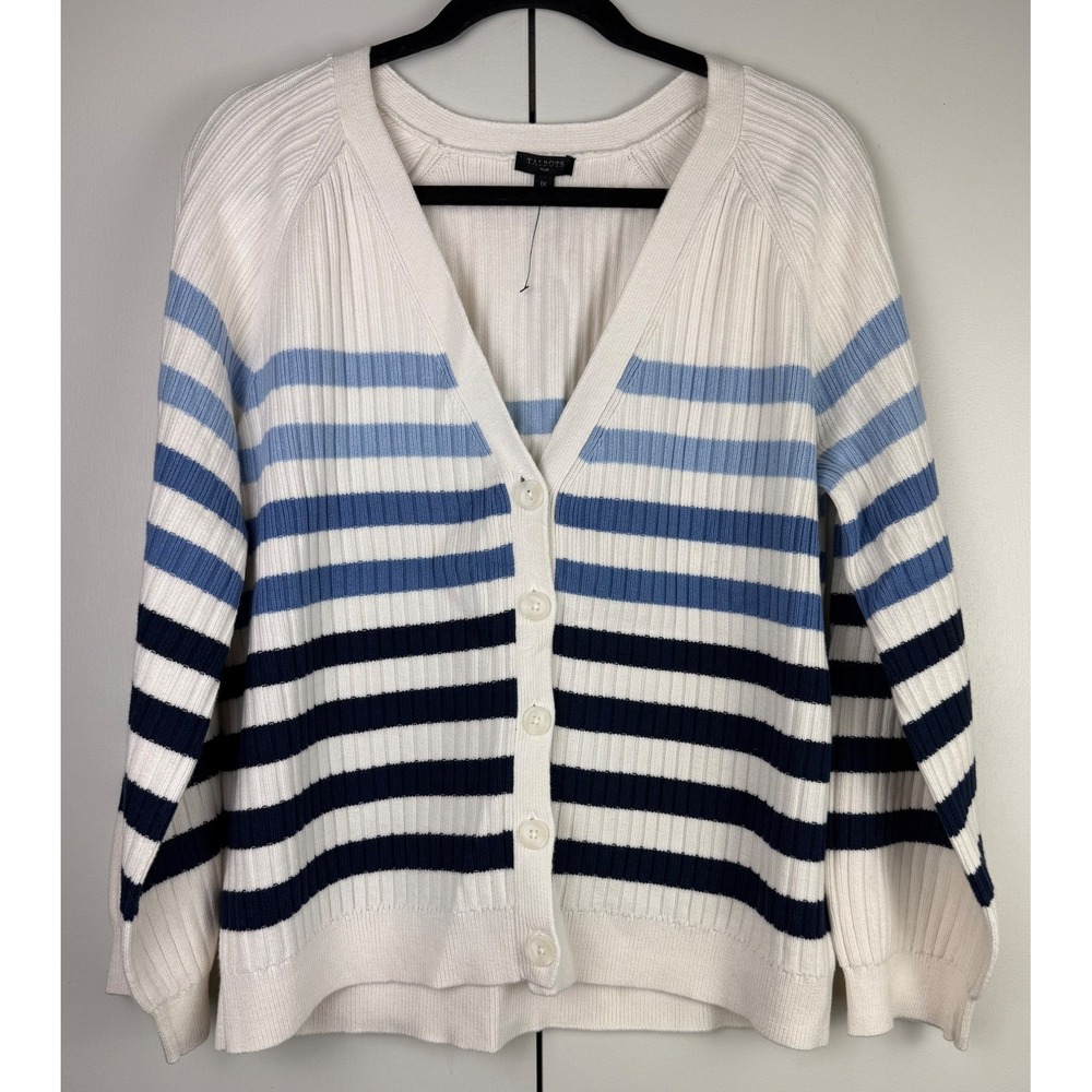 Talbots Plus Womens 1X Blue‎ Striped Ribbed V-Neck Button Front Cardigan Sweater
